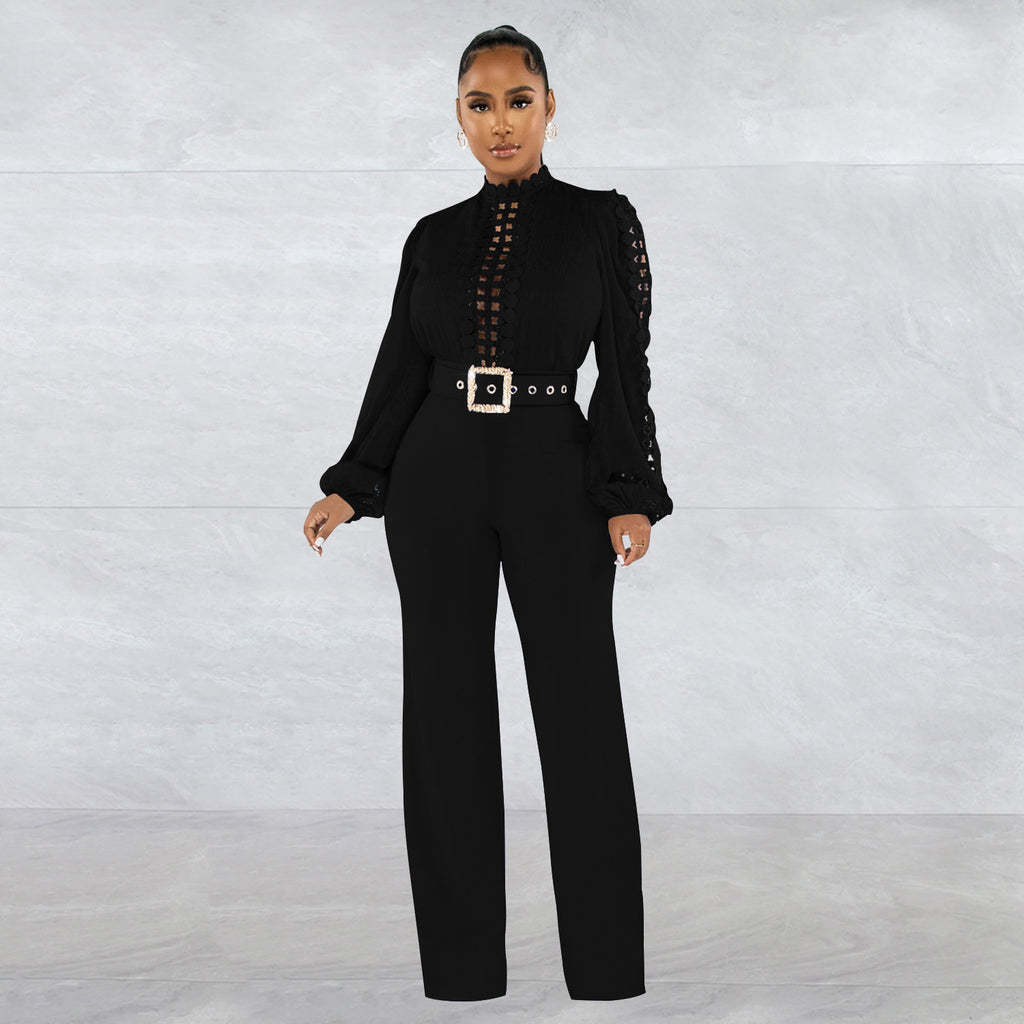 Solid Color Long Sleeve Belted Ruffle Cut-out Trousers Jumpsuit