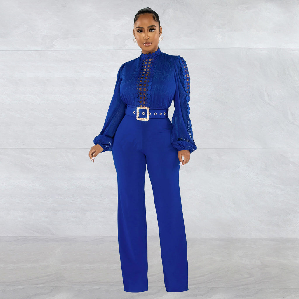 Solid Color Long Sleeve Belted Ruffle Cut-out Trousers Jumpsuit