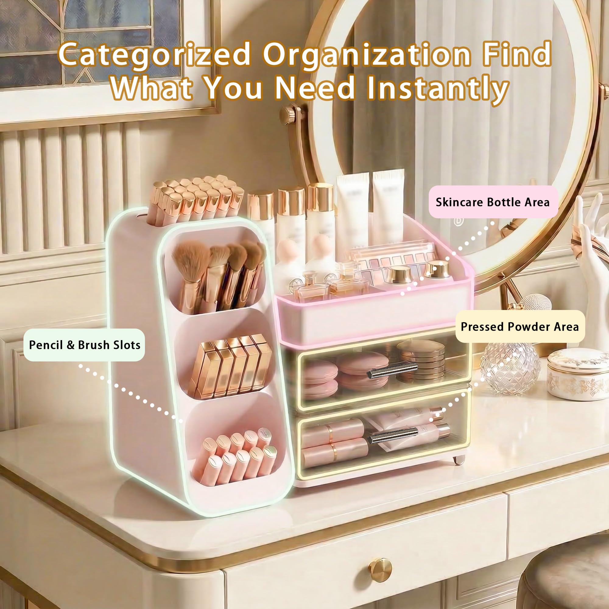 Large Capacity Makeup Organizer Countertop with Makeup Brush Holder for Vanity, Thickened Material, Bathroom Countertop Organizer Skin Care Perfumes Storage, Teen Girl Gifts for 12-23 Year（white）