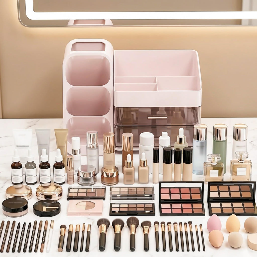 Large Capacity Makeup Organizer Countertop with Makeup Brush Holder for Vanity, Thickened Material, Bathroom Countertop Organizer Skin Care Perfumes Storage, Teen Girl Gifts for 12-23 Year（white）