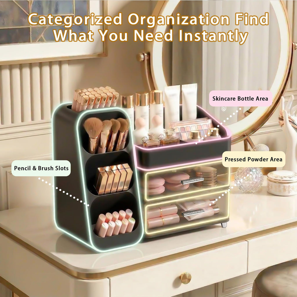 Large Capacity Makeup Organizer Countertop with Makeup Brush Holder for Vanity, Thickened Material, Bathroom Countertop Organizer Skin Care Perfumes Storage, Teen Girl Gifts for 12-23 Year（white）