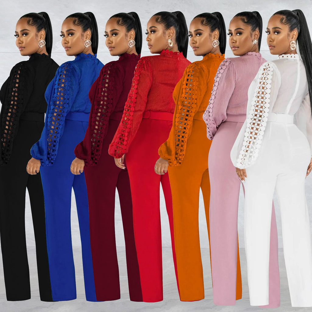 Solid Color Long Sleeve Belted Ruffle Cut-out Trousers Jumpsuit