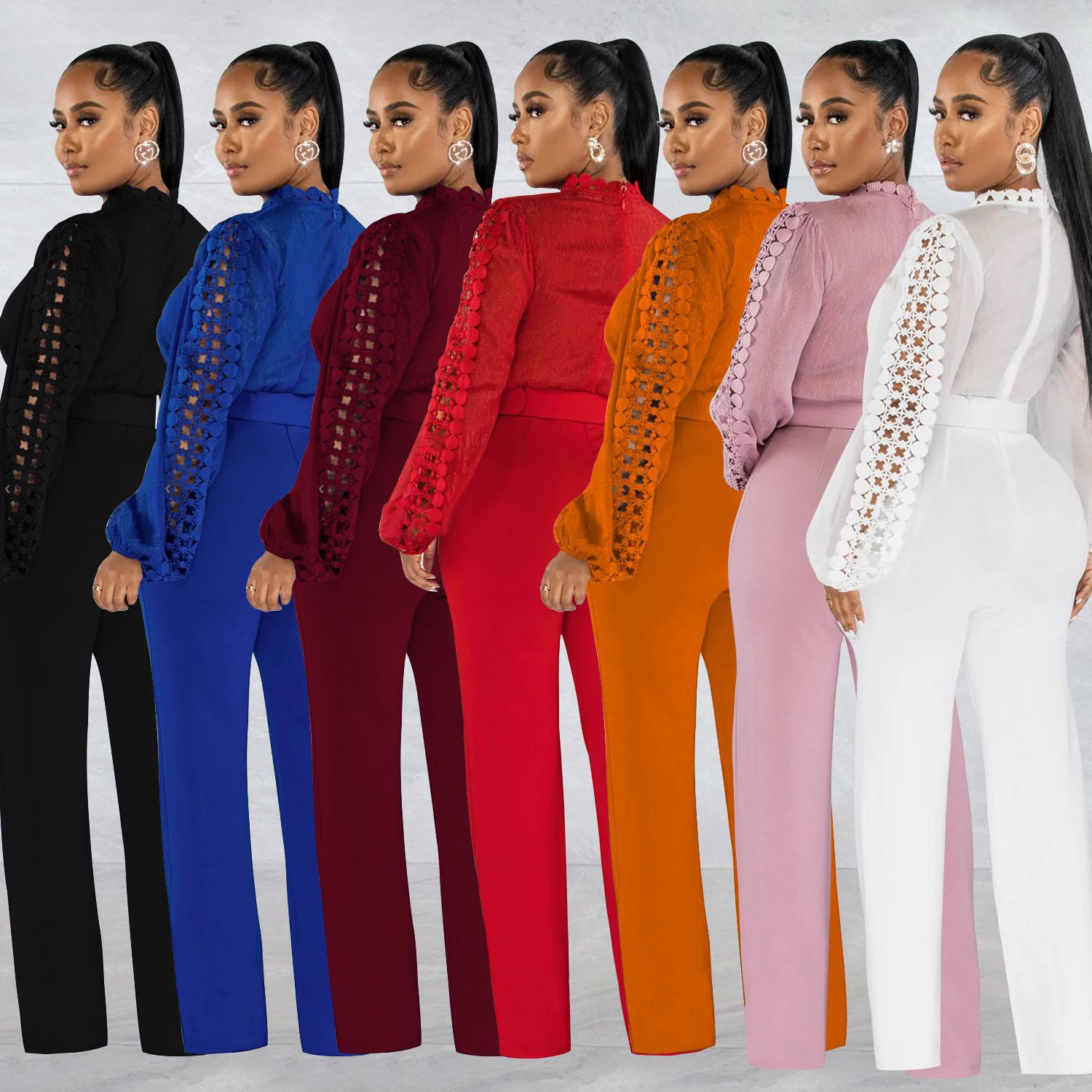Solid Color Long Sleeve Belted Ruffle Cut-out Trousers Jumpsuit