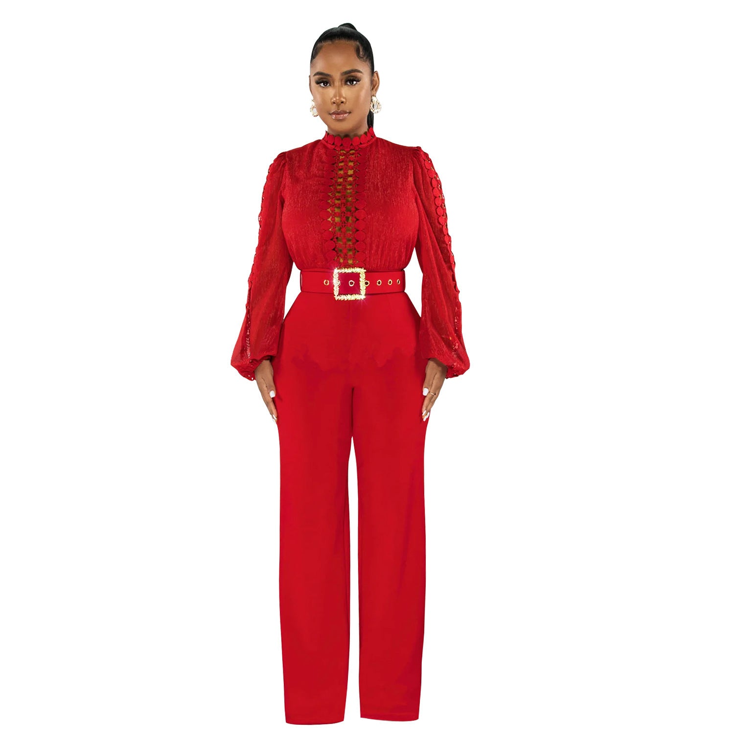 Solid Color Long Sleeve Belted Ruffle Cut-out Trousers Jumpsuit