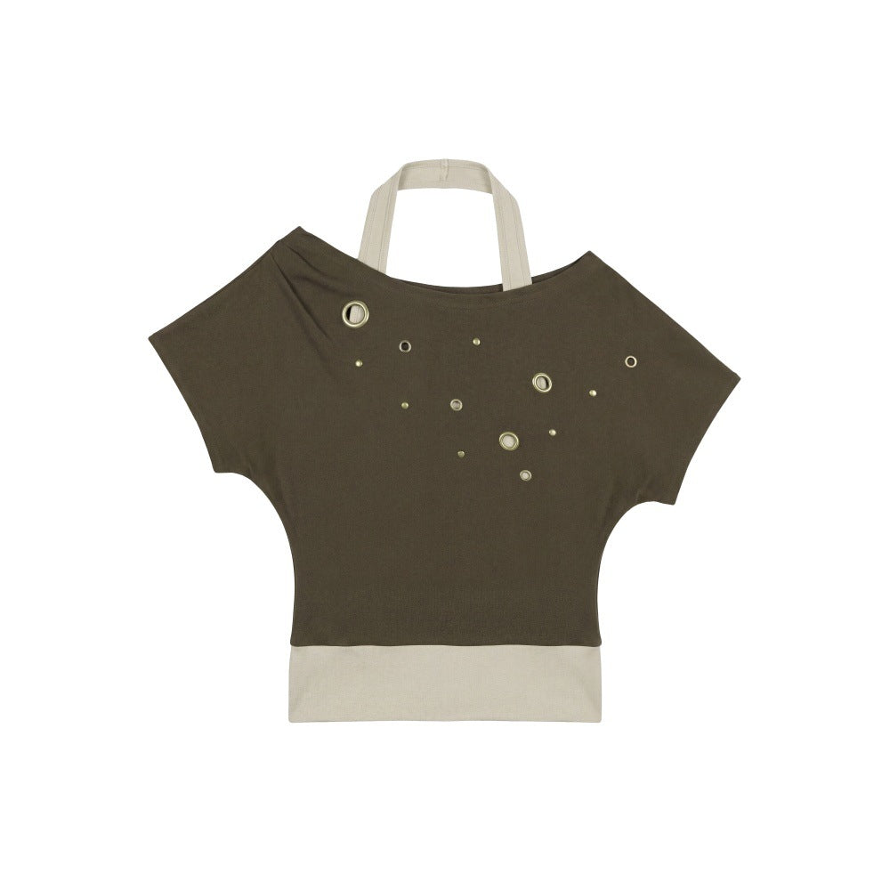 Shoulder Short Sleeve T-Shirt Women Y2K  Personality Off-Shoulder Neckline False Two-Piece Top