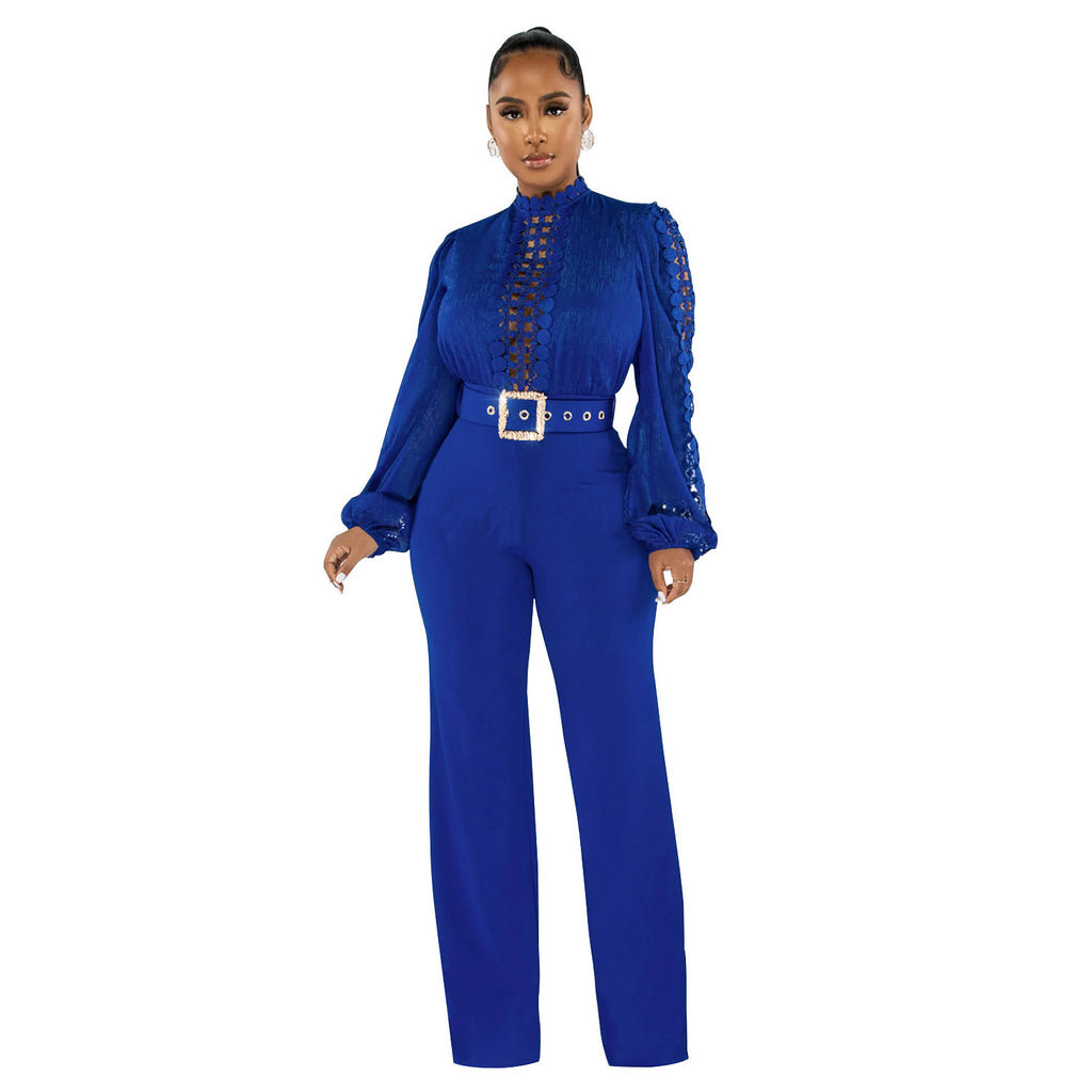 Solid Color Long Sleeve Belted Ruffle Cut-out Trousers Jumpsuit