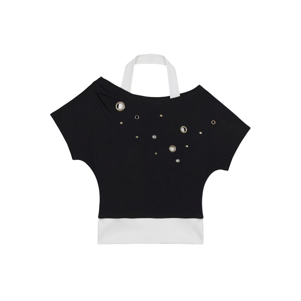 Shoulder Short Sleeve T-Shirt Women Y2K  Personality Off-Shoulder Neckline False Two-Piece Top